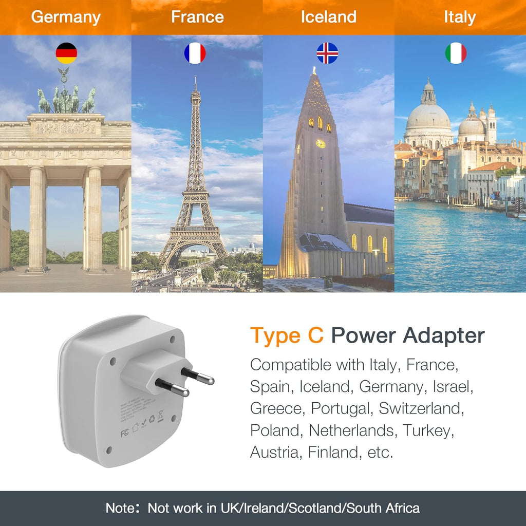European Travel Plug Adapter Converter | International Power Plug Converter, 2 USB Ports, Type C Outlet, US to Most of Europe EU Iceland Spain Italy France Germany