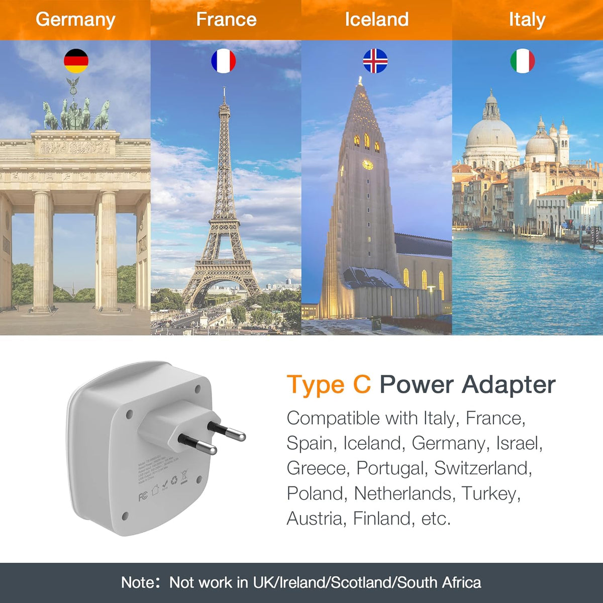 European Travel Plug Adapter Converter | International Power Plug Converter, 2 USB Ports, Type C Outlet, US to Most of Europe EU Iceland Spain Italy France Germany