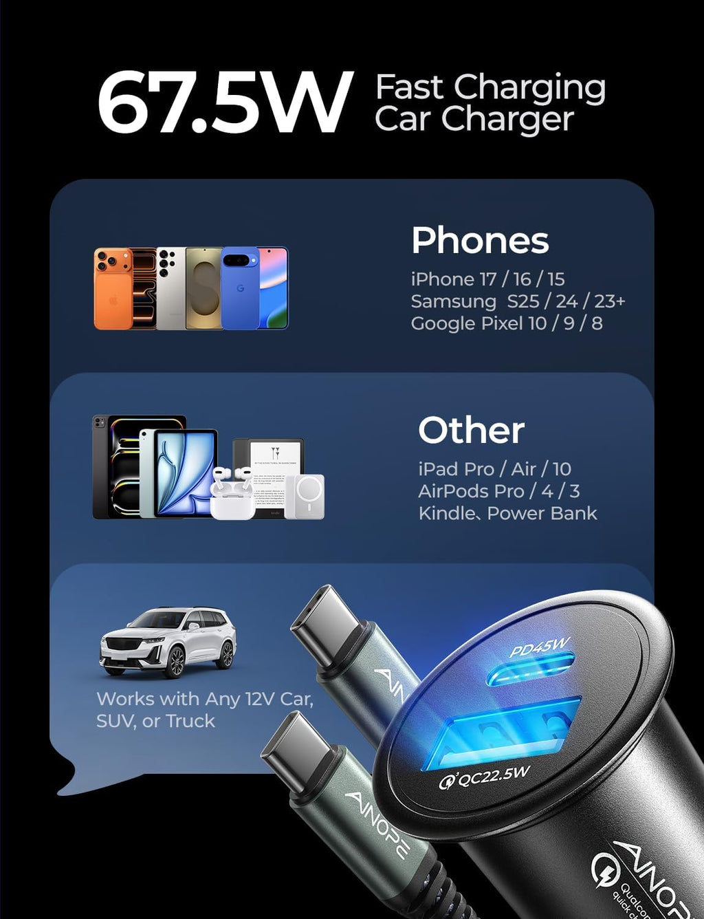 67.5W USB C Car Charger - Fast Charging for iPhone 17, 16, 15 Pro Max & Samsung Galaxy S25 - Compact Metal Design with 3.3FT Braided Cable