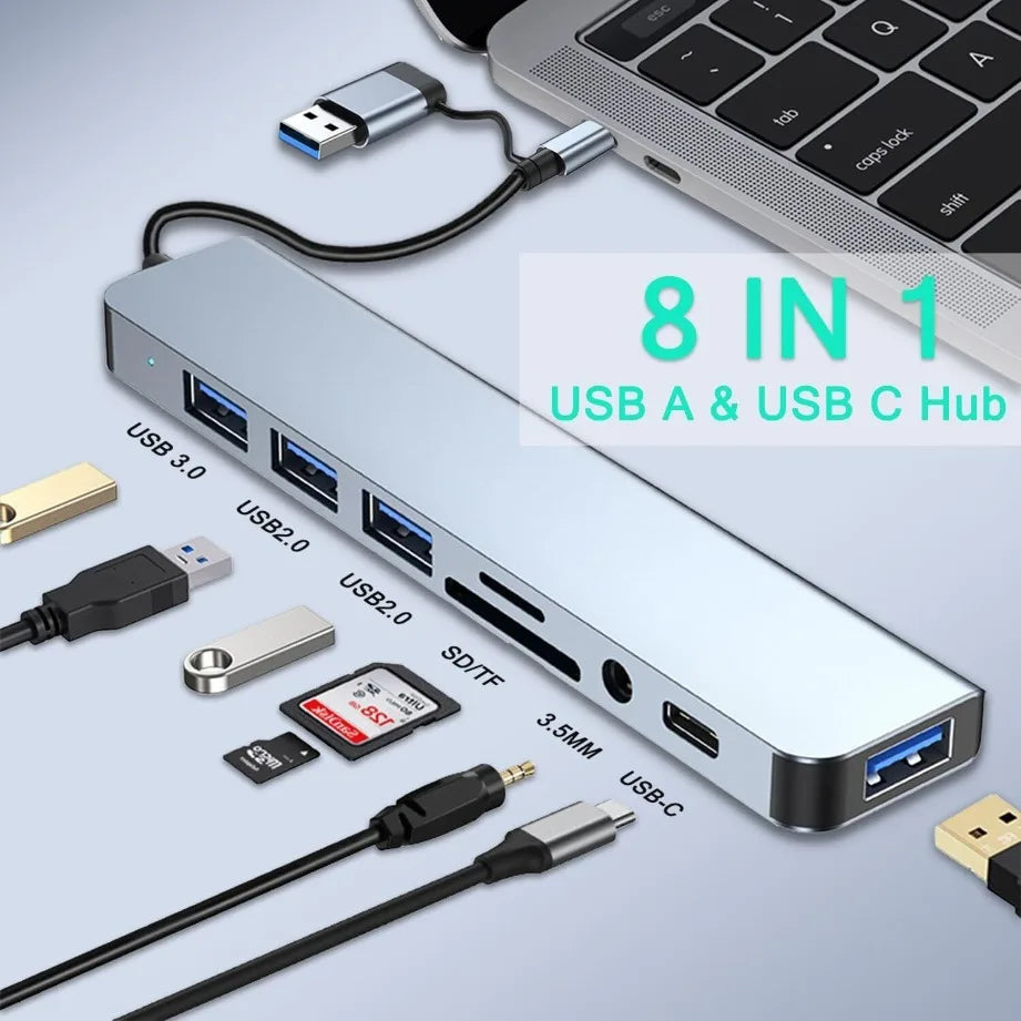 Ultimate 8-in-2 Type-C USB Hub with SD/TF Card Reader & Audio Jack for MacBook, PC, Laptop & Tablet