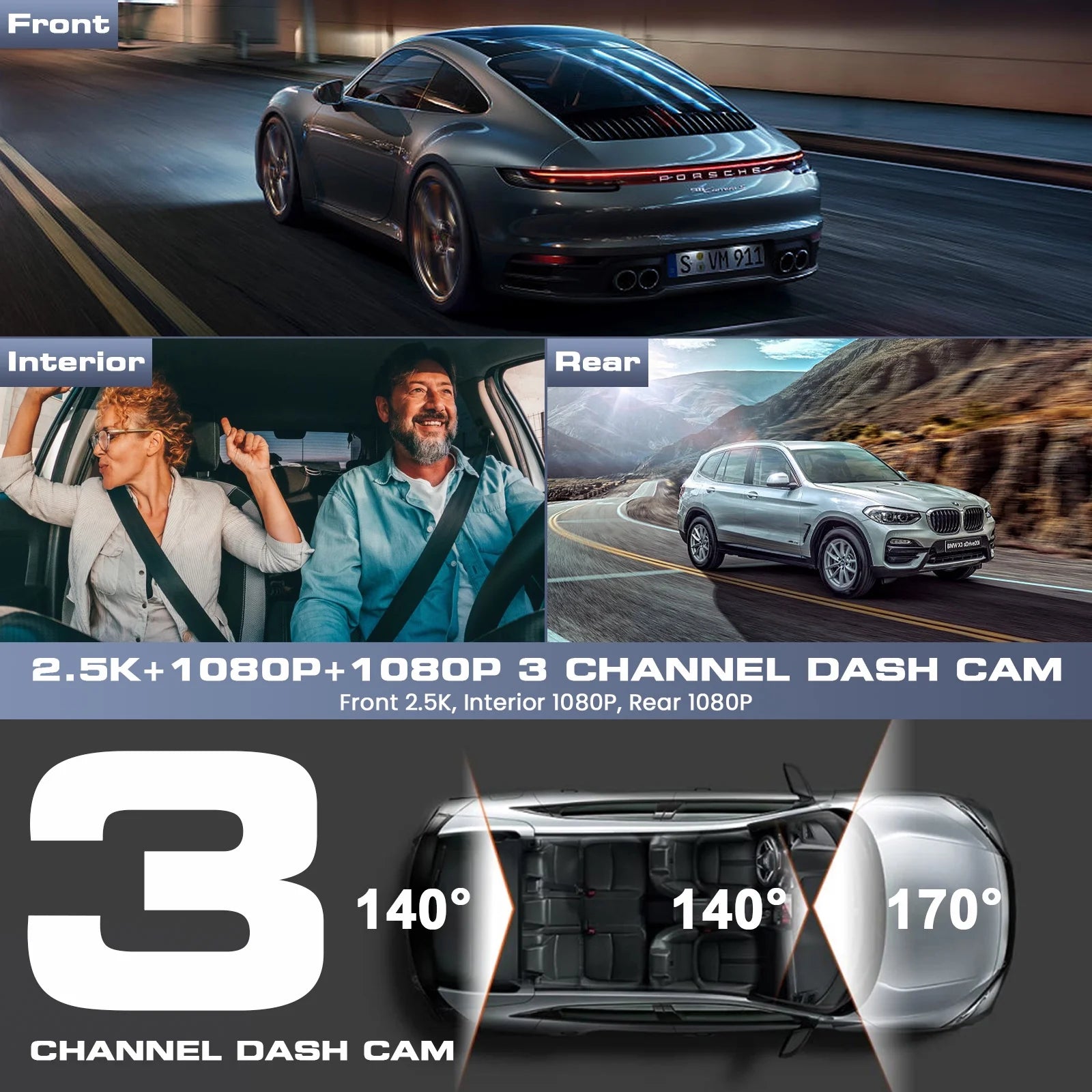 Revolutionary 3 Channel 4K Dash Cam with Night Vision, Wi-Fi & GPS – Ultimate Car Security with 3.16" Touchscreen and 64GB SD Card Included