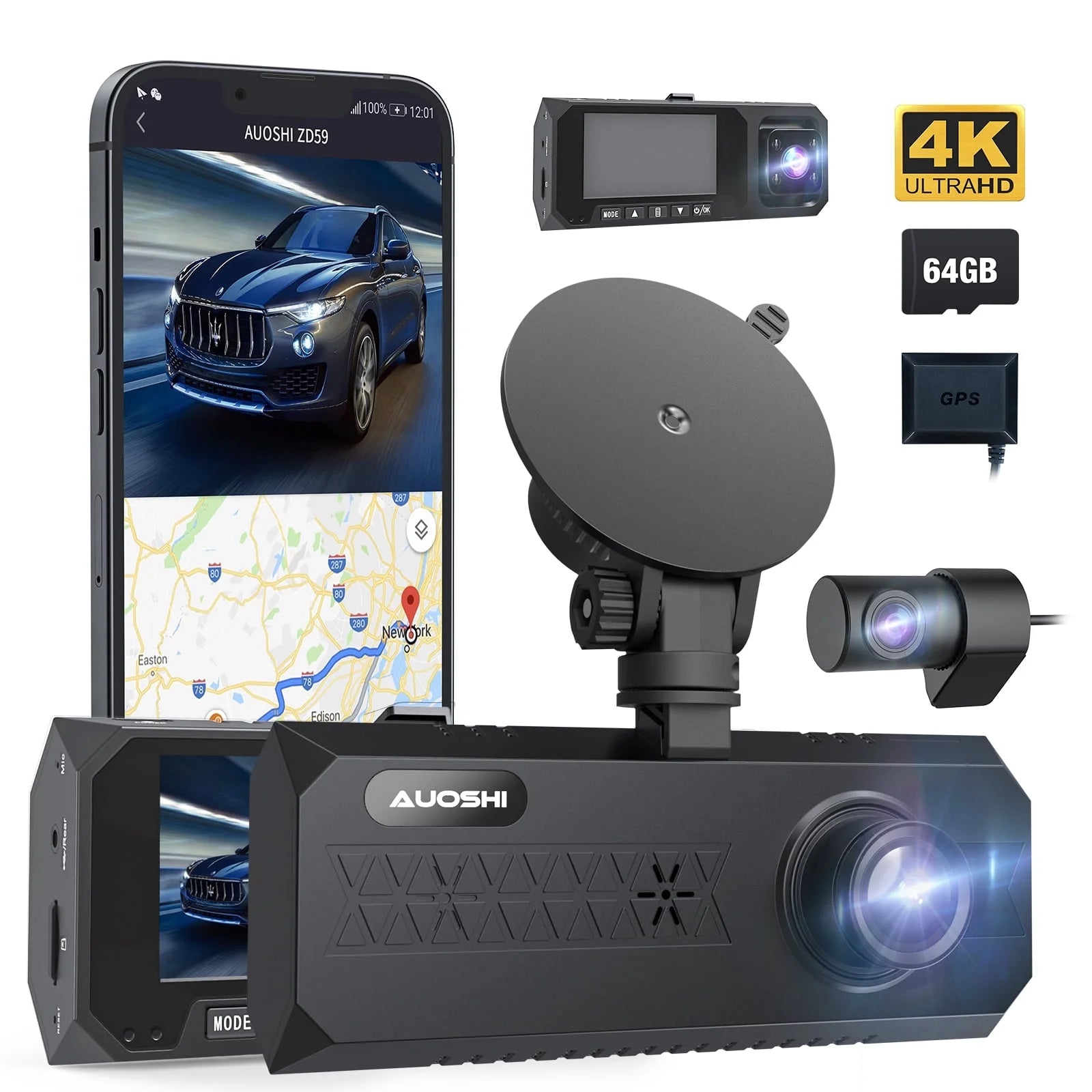 Revolutionary 3 Channel 4K Dash Cam with Night Vision, Wi-Fi & GPS – Ultimate Car Security with 3.16" Touchscreen and 64GB SD Card Included