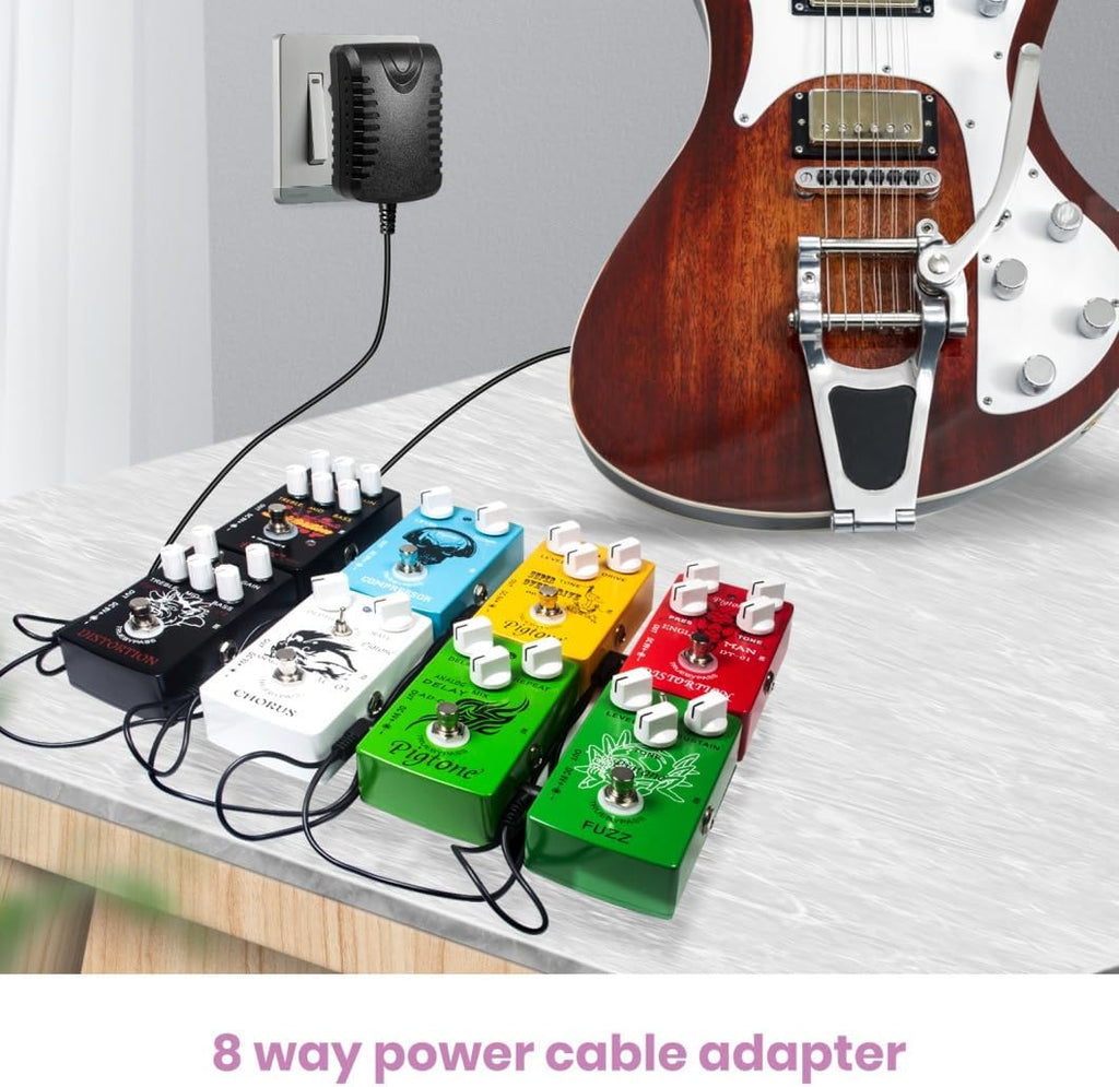 Guitar Pedal Power Supply Adapter 9V DC 1A Tip Negative 8 Way Daisy Chain Cables for Guitar Effect Pedal