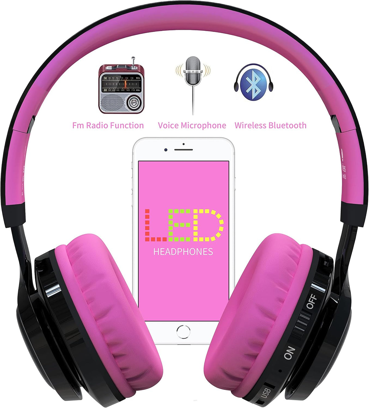 Bluetooth Headphones for Kids, AB005 Wireless Kids Headphones V5.3 with Microphone Foldable Headset with LED Light and TF Card FM Radio Compatible for Tablet PC TV (Black&Pink)