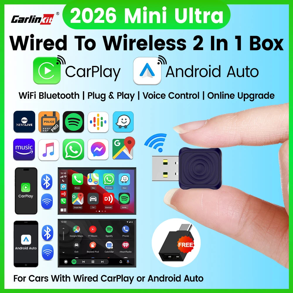 5.0 Mini Ultra Wireless Adapter - Effortless Wireless CarPlay & Android Auto for OEM Cars - Plug & Play with WiFi & Bluetooth Connection