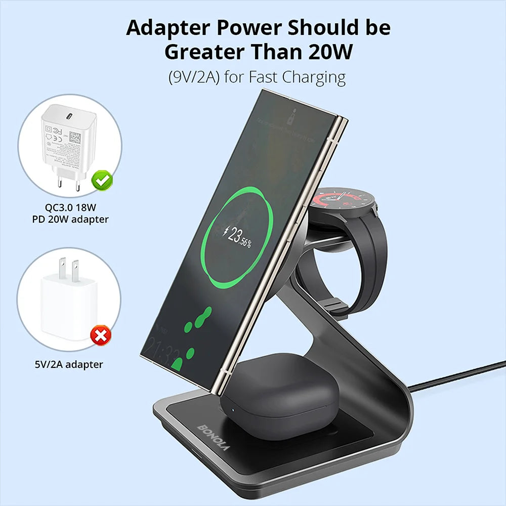 3-in-1 Magnetic Wireless Charger Station - Fast Charging for Samsung S24 Ultra/S25/26, Galaxy Watch 8/7/6 & Earbuds
