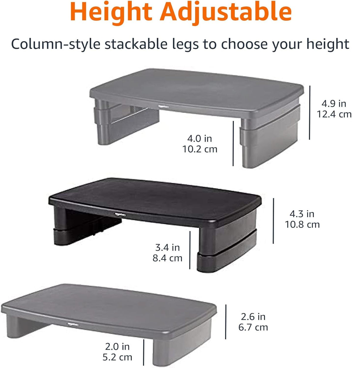Height Adjustable Monitor Stand Riser with Storage Organizer, 3-Level Stackable Design, Durable ABS Plastic, Supports up to 22Lbs, for Monitors & Laptops, Black