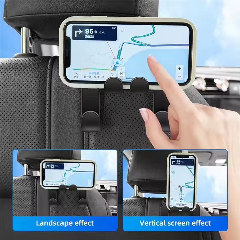 Car Back Seat Hook & Phone Holder Stand - Perfect for iPhone & Samsung Devices