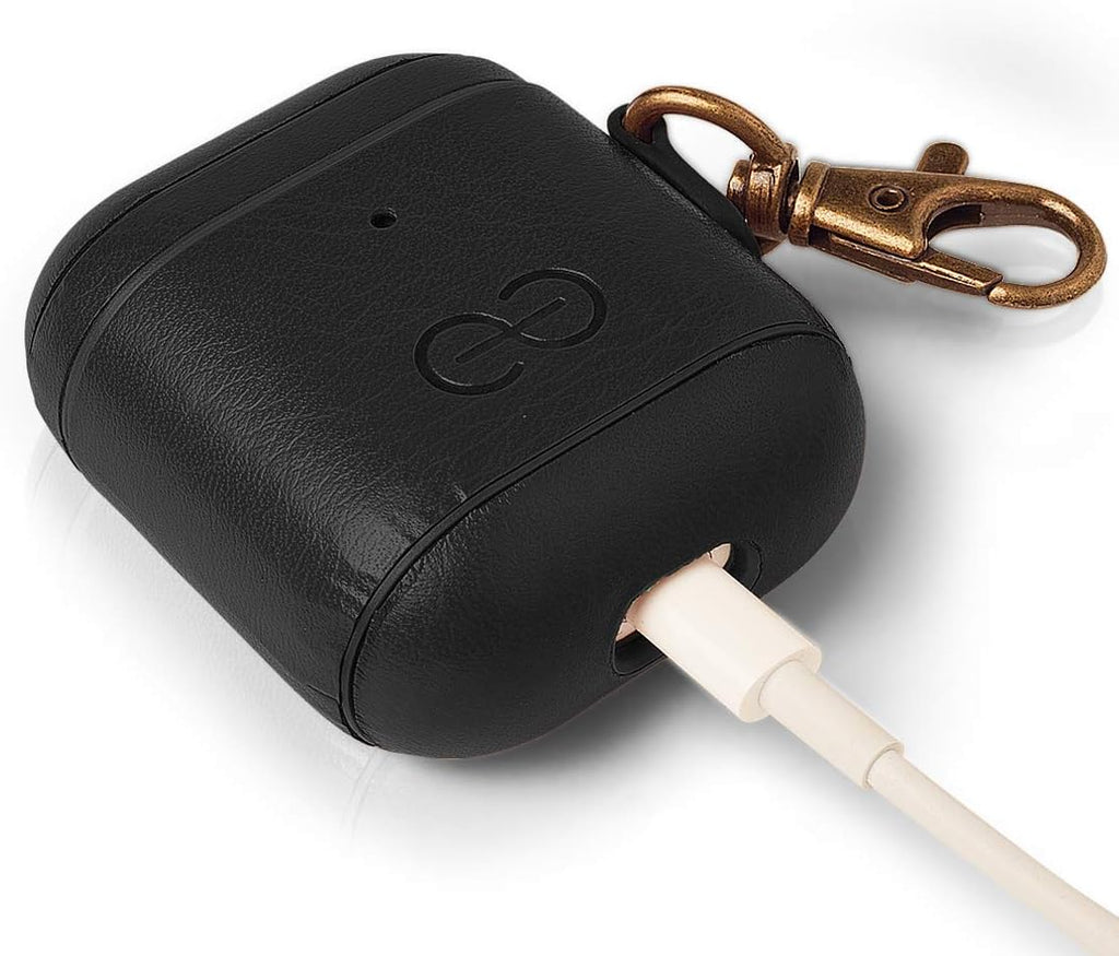 Om Case Cover with Keychain Clip Compatible with Airpods 1 & 2, Vegan Leather Airpods Case for Men & Women, Luxury Earbuds Accessory for Apple Iphone - Black