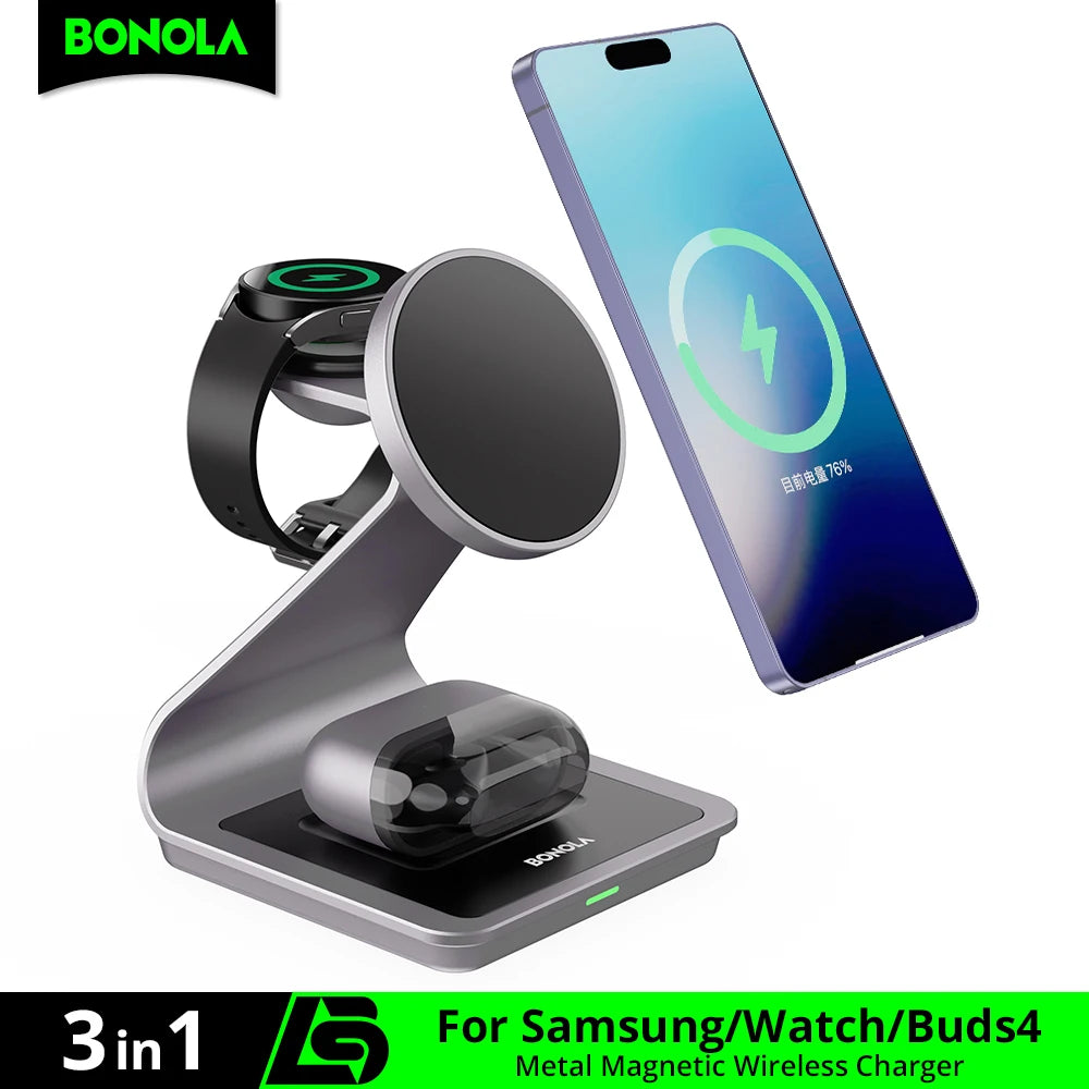 3-in-1 Magnetic Wireless Charger Station - Fast Charging for Samsung S24 Ultra/S25/26, Galaxy Watch 8/7/6 & Earbuds