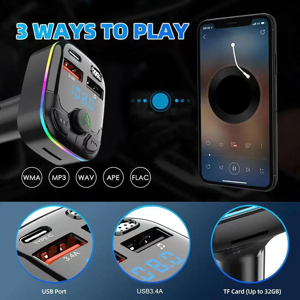 Bluetooth 5.0 Car Charger & FM Transmitter - Dual USB Type-C, Wireless Handsfree MP3 Player with Ambient Lighting