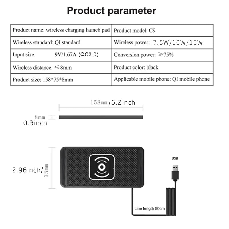 15W Fast Wireless Car Charger Pad - Non-Slip Qi Charging for iPhone 11/12/13/14 & Android Devices
