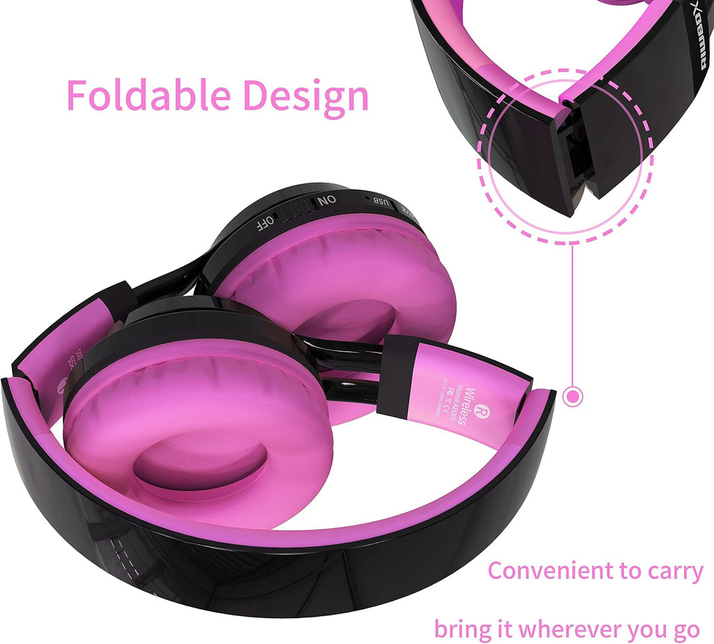 Bluetooth Headphones for Kids, AB005 Wireless Kids Headphones V5.3 with Microphone Foldable Headset with LED Light and TF Card FM Radio Compatible for Tablet PC TV (Black&Pink)