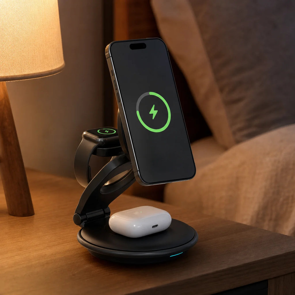 Ultimate 3-in-1 Foldable Magnetic Wireless Charger - Fast Charging Dock for Phones, Smartwatches & Earbuds