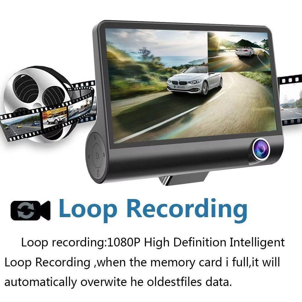 Capture Every Angle with Our 4" Triple Lens Dash Cam - Front, Rear, and Interior Recording with Night Vision and 24-Hour Parking Protection