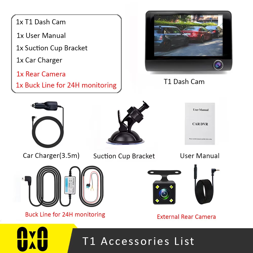 Capture Every Angle with Our 4" Triple Lens Dash Cam - Front, Rear, and Interior Recording with Night Vision and 24-Hour Parking Protection