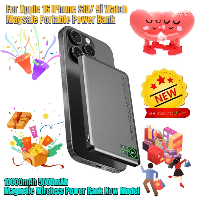 High-Capacity 10000mAh Magnetic Wireless Power Bank for iPhone 16, S10, and Apple Watch - Portable & Compatible with MagSafe