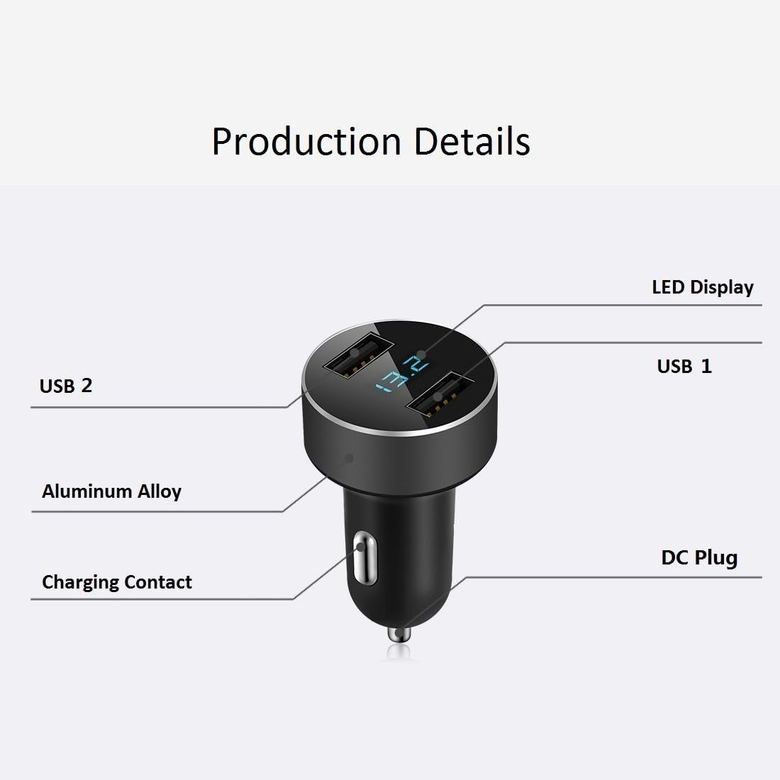 Dual USB Car Charger with LED Voltage Meter - Fast Charging Adapter for iPhone, Samsung, and More - Compact and Smart Protection Design