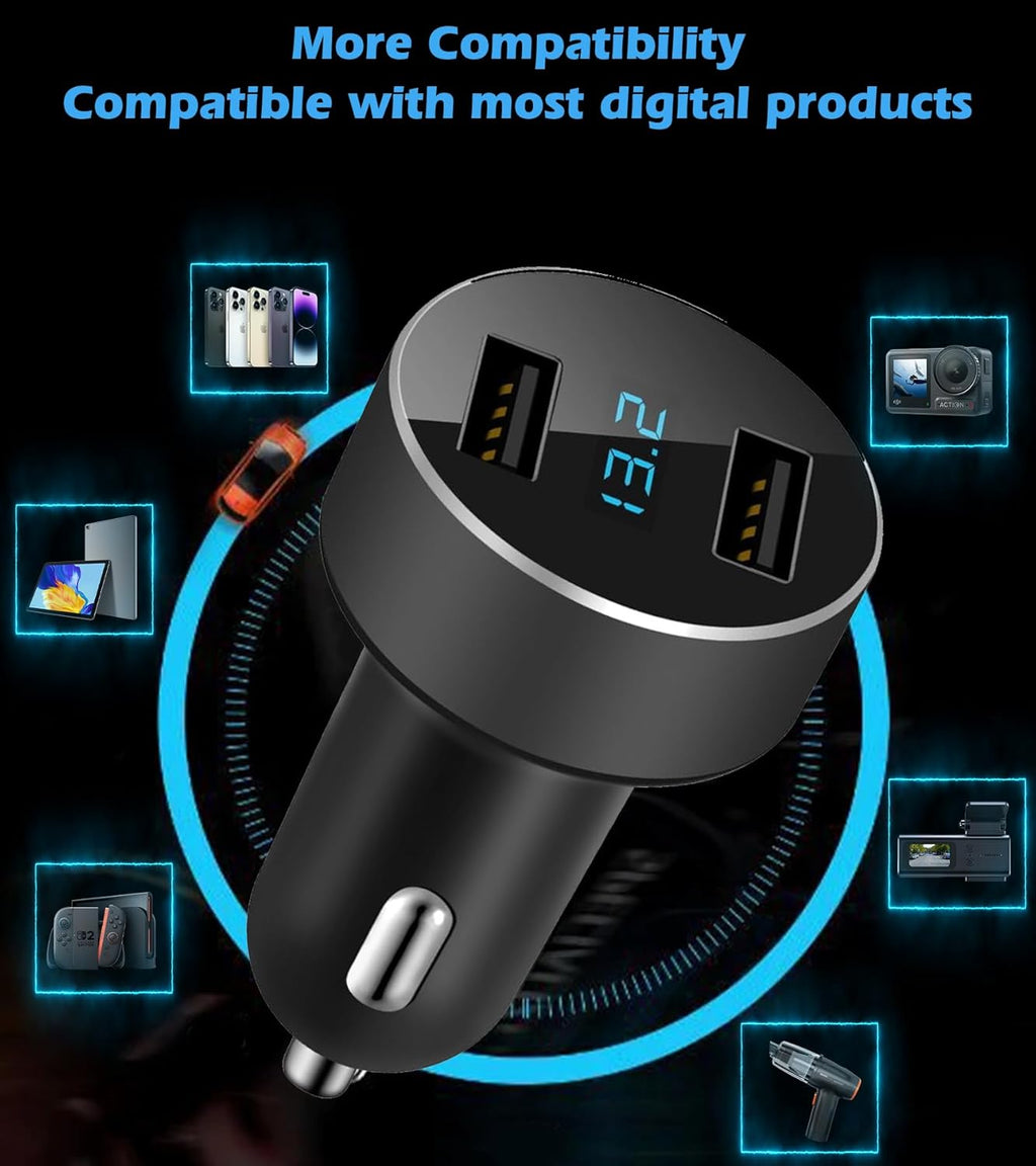 Dual USB Car Charger with LED Voltage Meter - Fast Charging Adapter for iPhone, Samsung, and More - Compact and Smart Protection Design