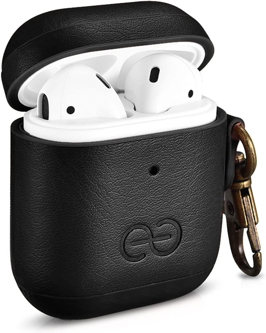 Om Case Cover with Keychain Clip Compatible with Airpods 1 & 2, Vegan Leather Airpods Case for Men & Women, Luxury Earbuds Accessory for Apple Iphone - Black