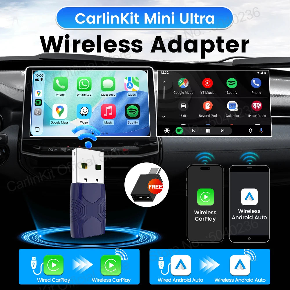 5.0 Mini Ultra 2-in-1 Wireless Adapter for Seamless Android Auto & CarPlay - Plug & Play for OEM Cars!