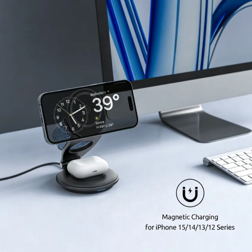 Ultimate 3-in-1 Foldable Magnetic Wireless Charger - Fast Charging Dock for Phones, Smartwatches & Earbuds