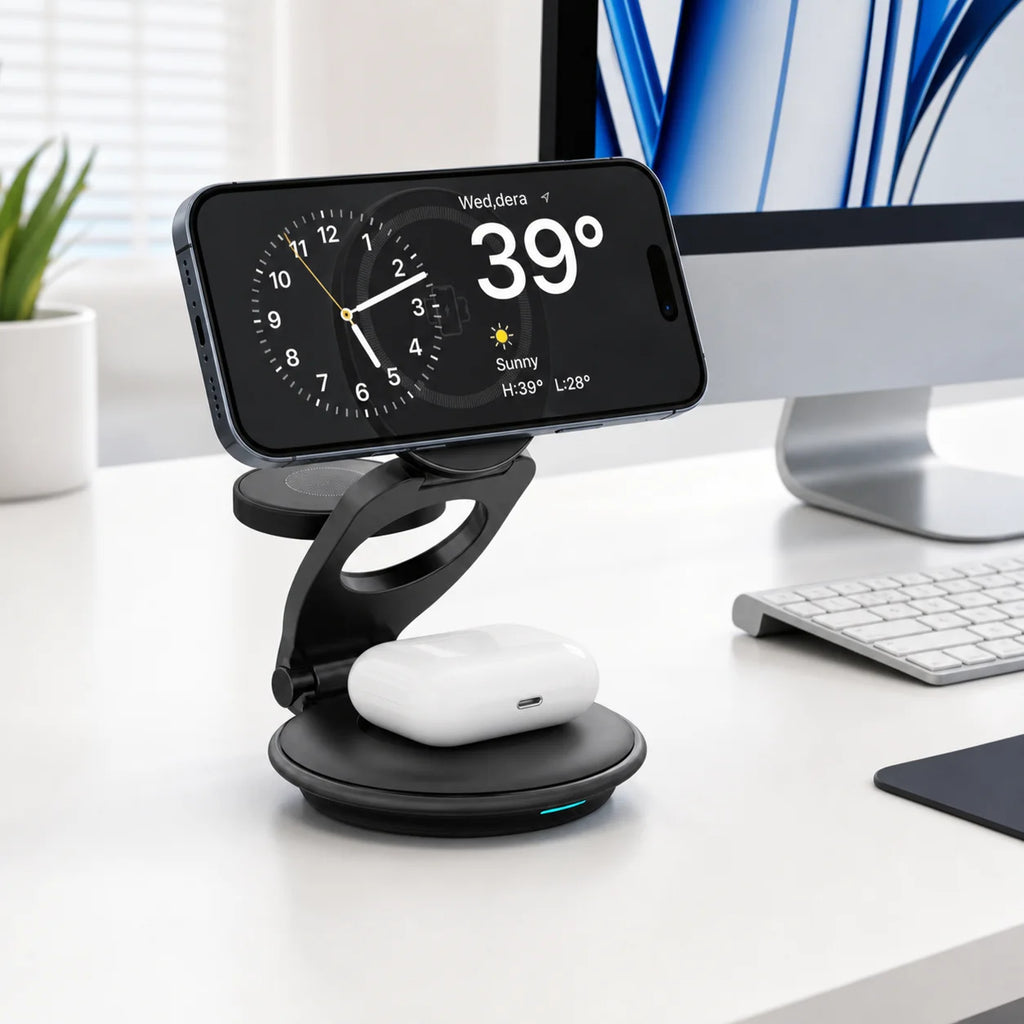 Ultimate 3-in-1 Foldable Magnetic Wireless Charger - Fast Charging Dock for Phones, Smartwatches & Earbuds