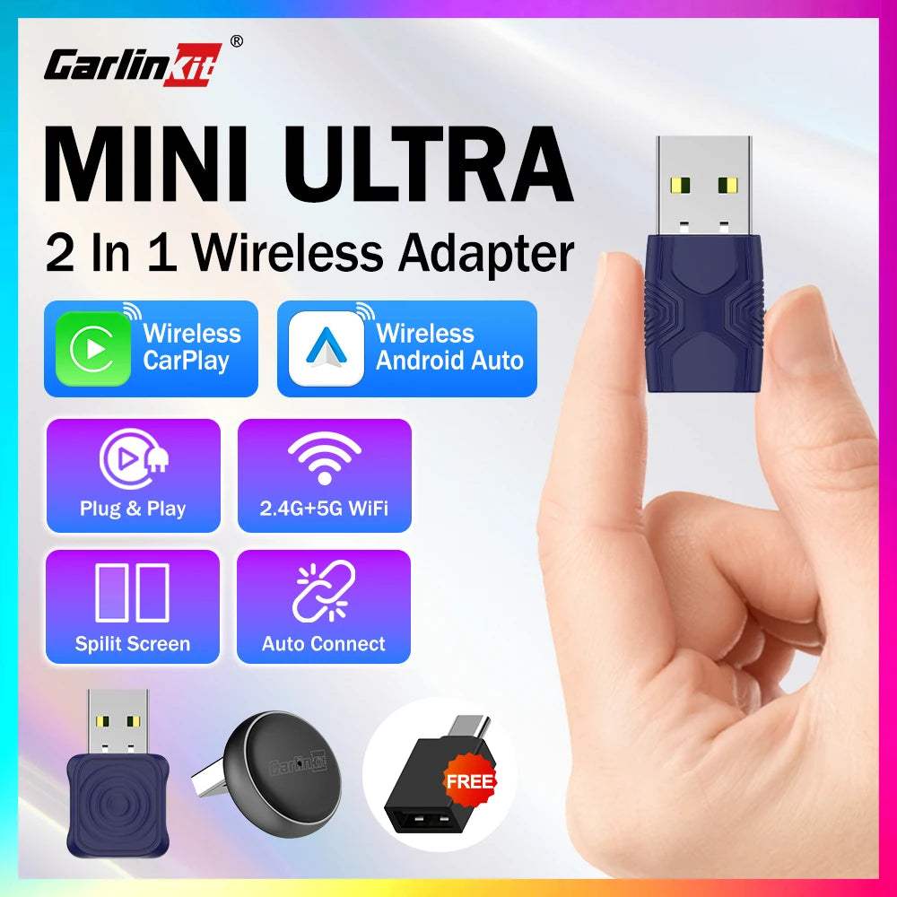 5.0 Mini Ultra 2-in-1 Wireless Adapter for Seamless Android Auto & CarPlay - Plug & Play for OEM Cars!