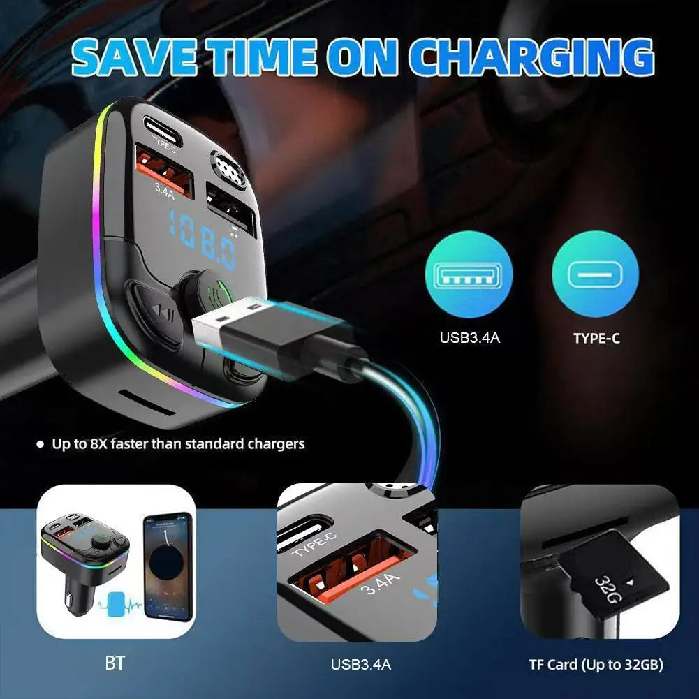 Bluetooth 5.0 Car Charger & FM Transmitter - Dual USB Type-C, Wireless Handsfree MP3 Player with Ambient Lighting