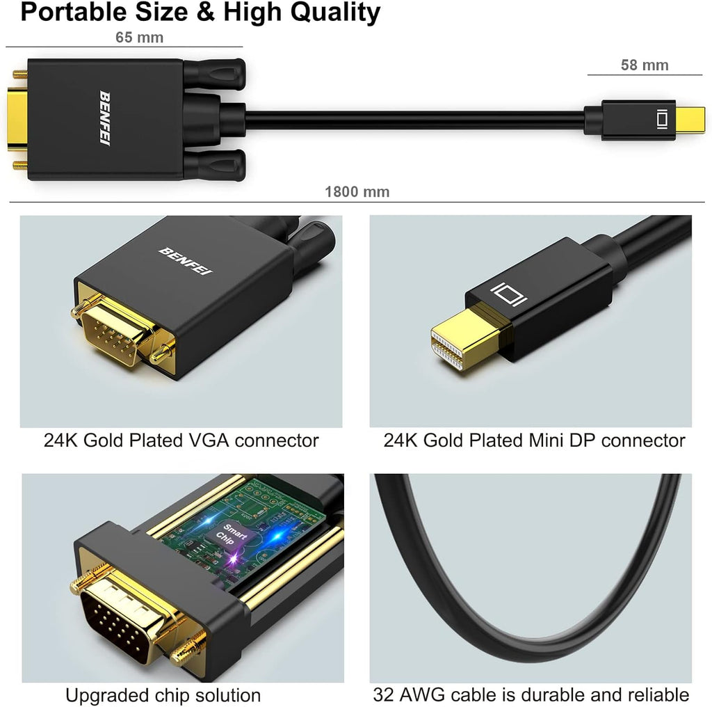 High-Quality 1.8M Mini DisplayPort to VGA Cable - Perfect for MacBook & Surface Pro - Gold-Plated for Optimal Performance