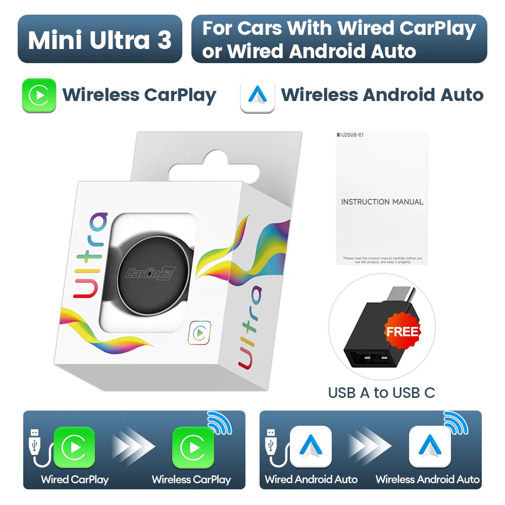 5.0 Mini Ultra 2-in-1 Wireless Adapter for Seamless Android Auto & CarPlay - Plug & Play for OEM Cars!