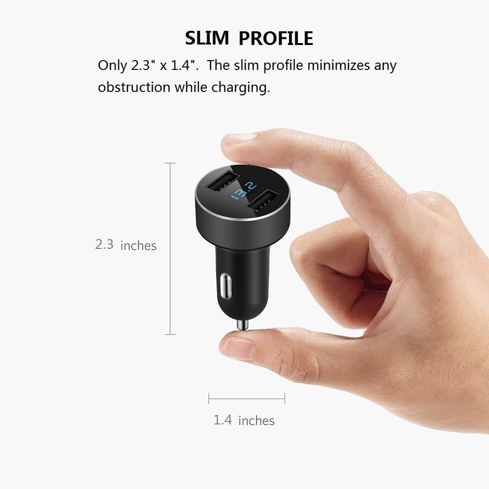 Dual USB Car Charger with LED Voltage Meter - Fast Charging Adapter for iPhone, Samsung, and More - Compact and Smart Protection Design