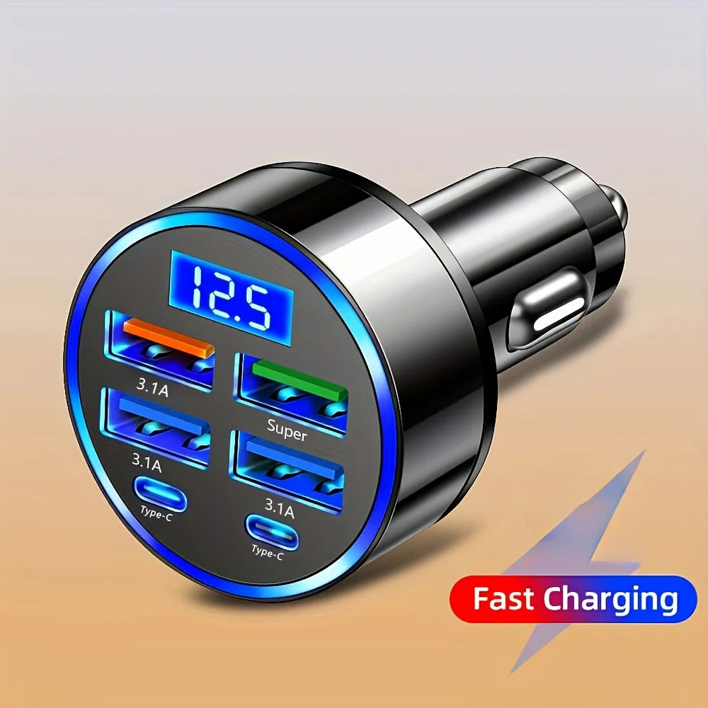 6-in-1 Fast Charging Car Adapter - 3.1A Dual Type-C with Digital Display for Smartphones, Tablets & Power Banks - Portable Black Charger