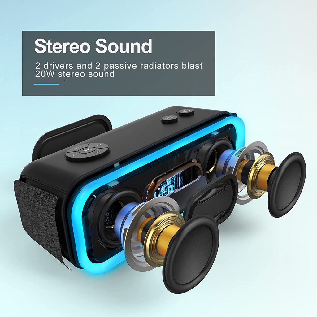 Soundbox Pro Bluetooth Speaker, 20W Stereo Sound, Active Extra Bass | Portable, 20H Playtime, Multi-Colors Lights, Wireless Stereo Pairing, IPX6 Waterproof, Hiking, Camping, Outdoor, House, Blue