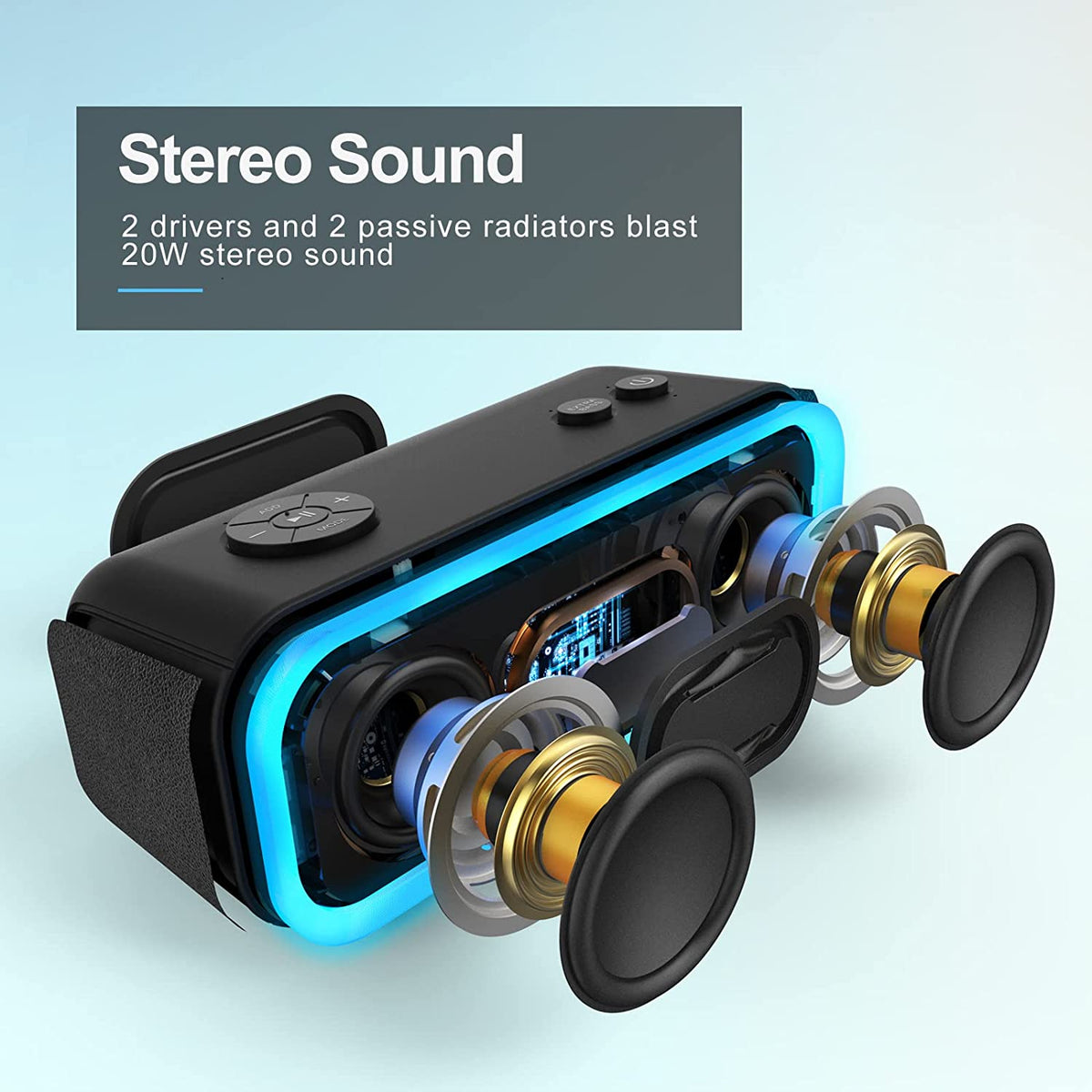 Soundbox Pro Bluetooth Speaker, 20W Stereo Sound, Active Extra Bass | Portable, 20H Playtime, Multi-Colors Lights, Wireless Stereo Pairing, IPX6 Waterproof, Hiking, Camping, Outdoor, House, Blue