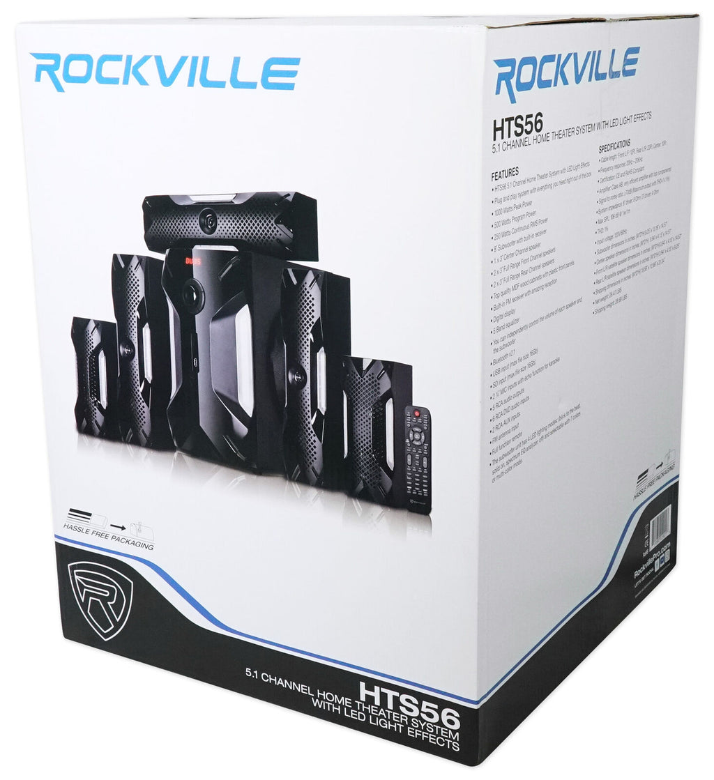 Experience the Ultimate Home Theater with the Rockville HTS56 1000W 5.1 Channel System featuring Bluetooth and USB Connectivity