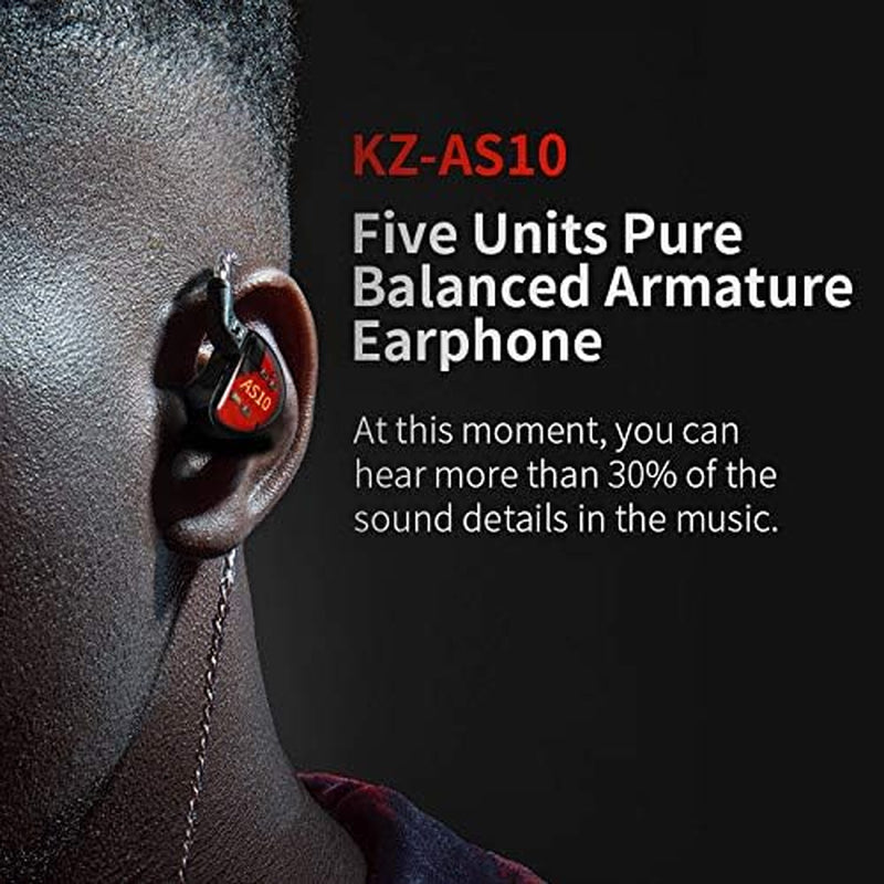 KZ AS10 IEM Headphone, 5 Balanced Armature Driver KZ Earbuds Wired Earphone, Stereo Hifi in Ear Monitor Headphone Musician Headset Earphone with Detachable 2 Pin Cable(No Microphone, Black)