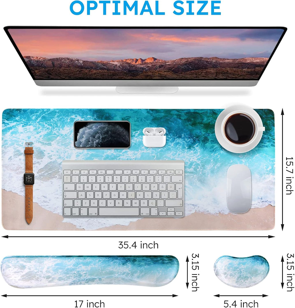 Beach 3Pcs Table Mat, 35.4"X15.7" Keyboard Pad for Workspace | Modern Thick Desk Pad Including Keyboard Wrist Rest, Mousepad Set for Computer Gaming Vanity Office Workspace Area
