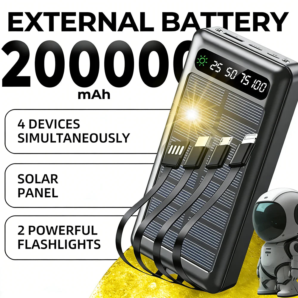 Ultra Capacity 200,000mAh Solar Power Bank - 120W Super Fast Charging with LED Light for iPhone 17 & Samsung - Perfect for Outdoor Adventures!