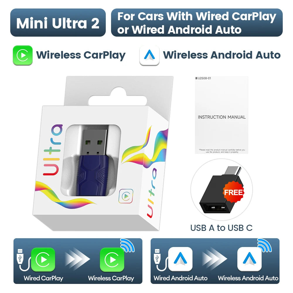 5.0 Mini Ultra 2-in-1 Wireless Adapter for Seamless Android Auto & CarPlay - Plug & Play for OEM Cars!