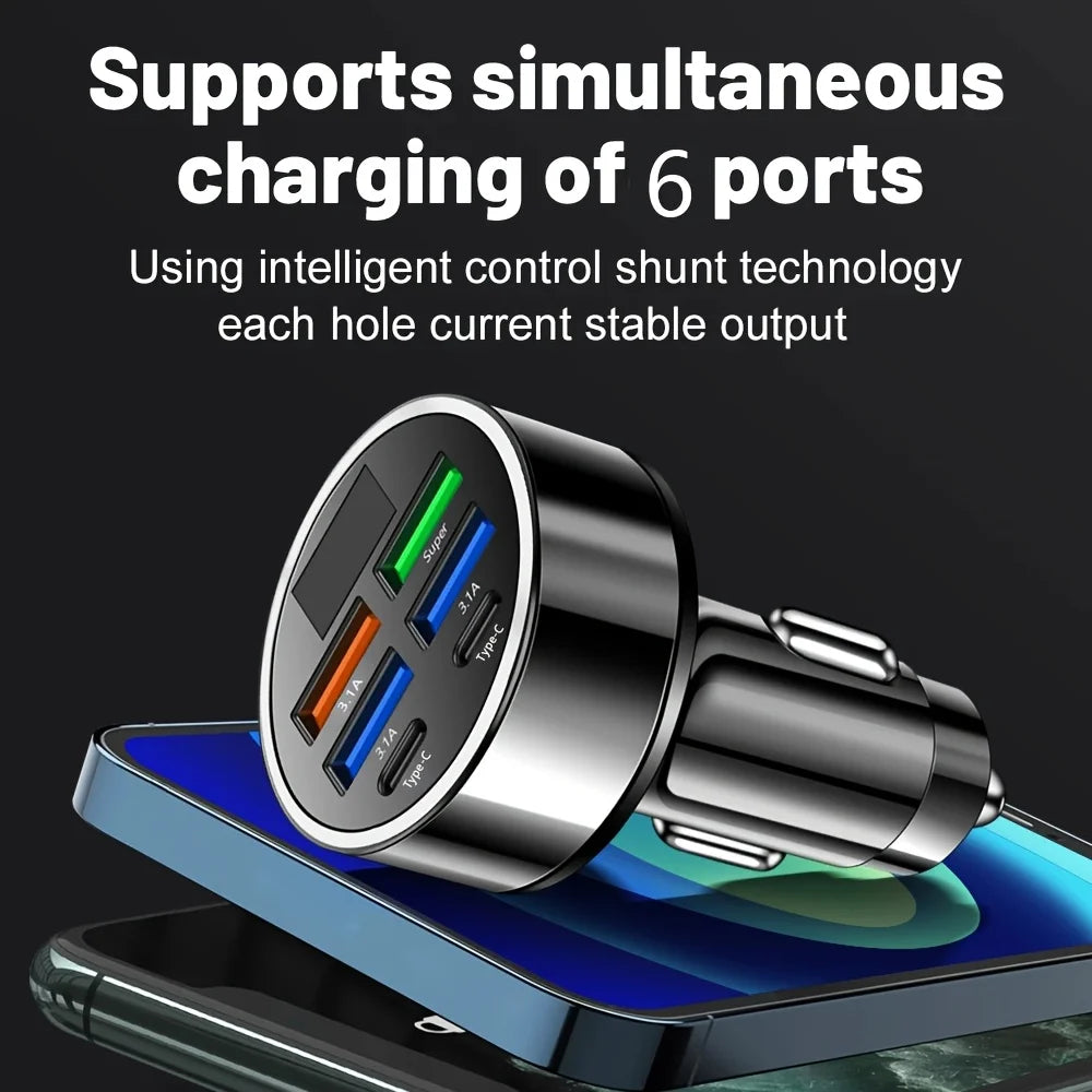 6-in-1 Fast Charging Car Adapter - 3.1A Dual Type-C with Digital Display for Smartphones, Tablets & Power Banks - Portable Black Charger