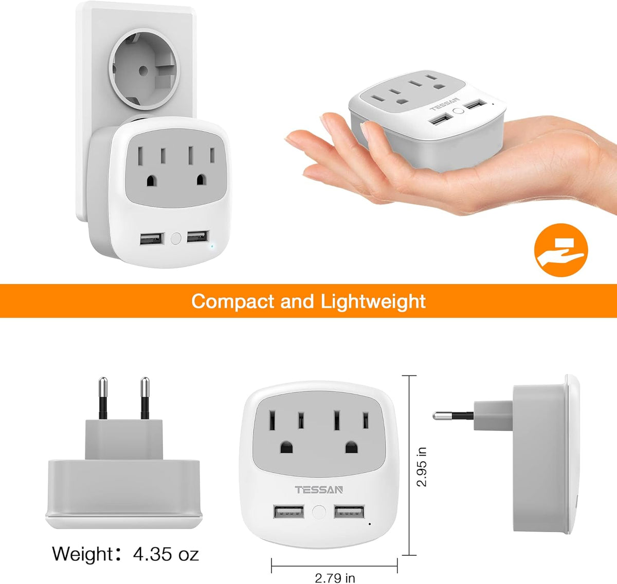 European Travel Plug Adapter Converter | International Power Plug Converter, 2 USB Ports, Type C Outlet, US to Most of Europe EU Iceland Spain Italy France Germany