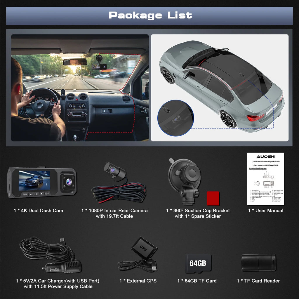 Revolutionary 3 Channel 4K Dash Cam with Night Vision, Wi-Fi & GPS – Ultimate Car Security with 3.16" Touchscreen and 64GB SD Card Included