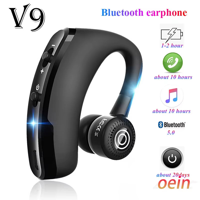 V9 Bluetooth Earphones - Wireless Handsfree Headset for Business, Sports & Driving - Compatible with iPhone & Samsung
