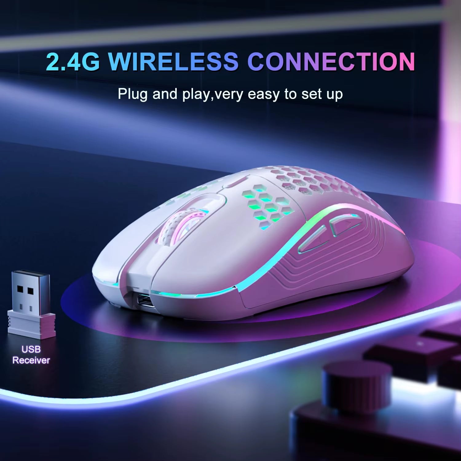 Elevate Your Gaming Experience with the 2.4G Wireless RGB Backlit Gaming Mouse - Ergonomic Honeycomb Design, 6 Buttons, and Rechargeable Convenience