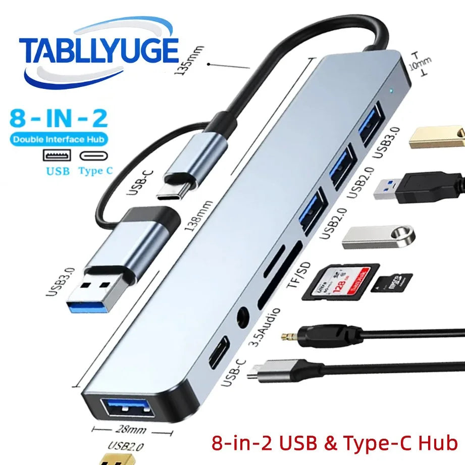 Ultimate 8-in-2 Type-C USB Hub with SD/TF Card Reader & Audio Jack for MacBook, PC, Laptop & Tablet