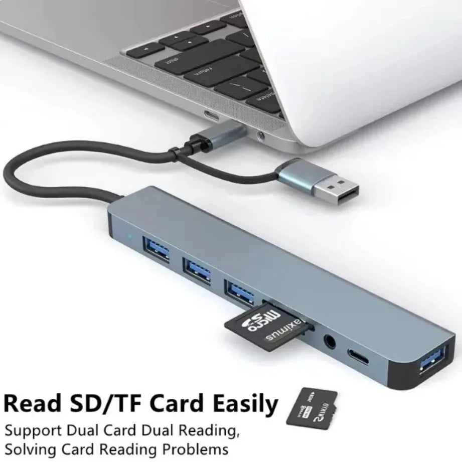 Ultimate 8-in-2 Type-C USB Hub with SD/TF Card Reader & Audio Jack for MacBook, PC, Laptop & Tablet