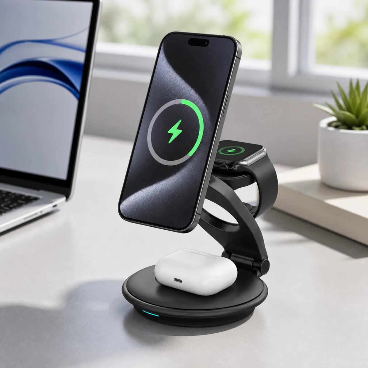 Ultimate 3-in-1 Foldable Magnetic Wireless Charger - Fast Charging Dock for Phones, Smartwatches & Earbuds