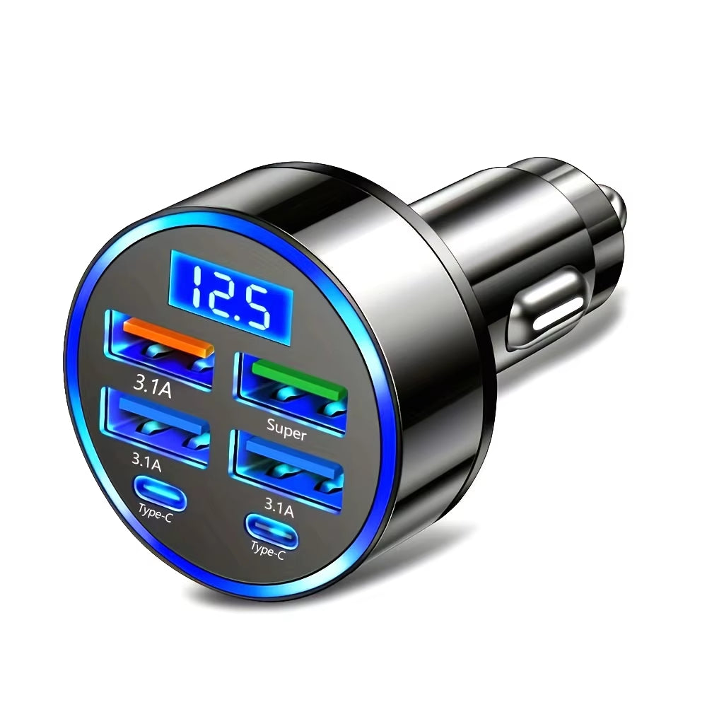 6-in-1 Fast Charging Car Adapter - 3.1A Dual Type-C with Digital Display for Smartphones, Tablets & Power Banks - Portable Black Charger