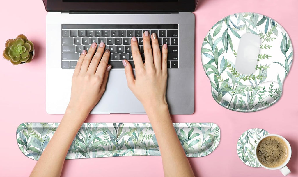 3 in 1 Ergonomic Mouse Pad with Wrist Support and Keyboard Wrist Rest Pad Set with Coaster,  Wrist Pad with Non-Slip Rubber Base & Raised Memory Foam, Easy Typing & Pain Relief, Green Plants
